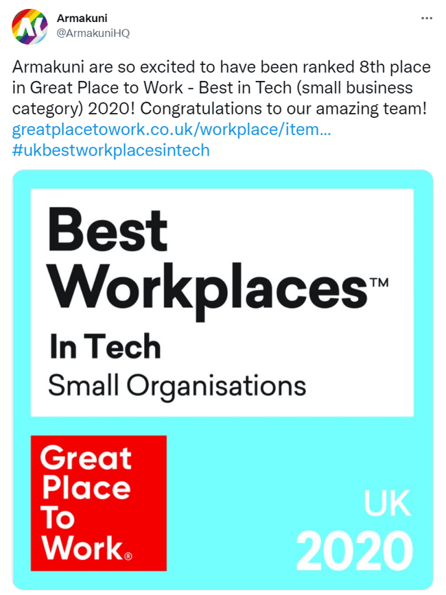 Tweet-Armakuni-2020-UK-Best-Workplaces-in-Tech